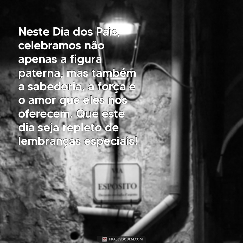 um texto para o dia dos pais Neste Dia dos Pais, celebramos não apenas a figura paterna, mas também a sabedoria, a força e o amor que eles nos oferecem. Que este dia seja repleto de lembranças especiais!