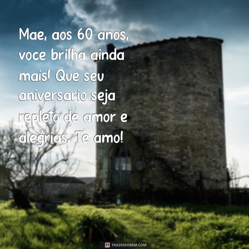 mensagem de aniversário para mãe 60 anos Mãe, aos 60 anos, você brilha ainda mais! Que seu aniversário seja repleto de amor e alegrias. Te amo!