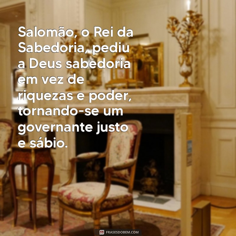 história de salomão na bíblia Salomão, o Rei da Sabedoria, pediu a Deus sabedoria em vez de riquezas e poder, tornando-se um governante justo e sábio.