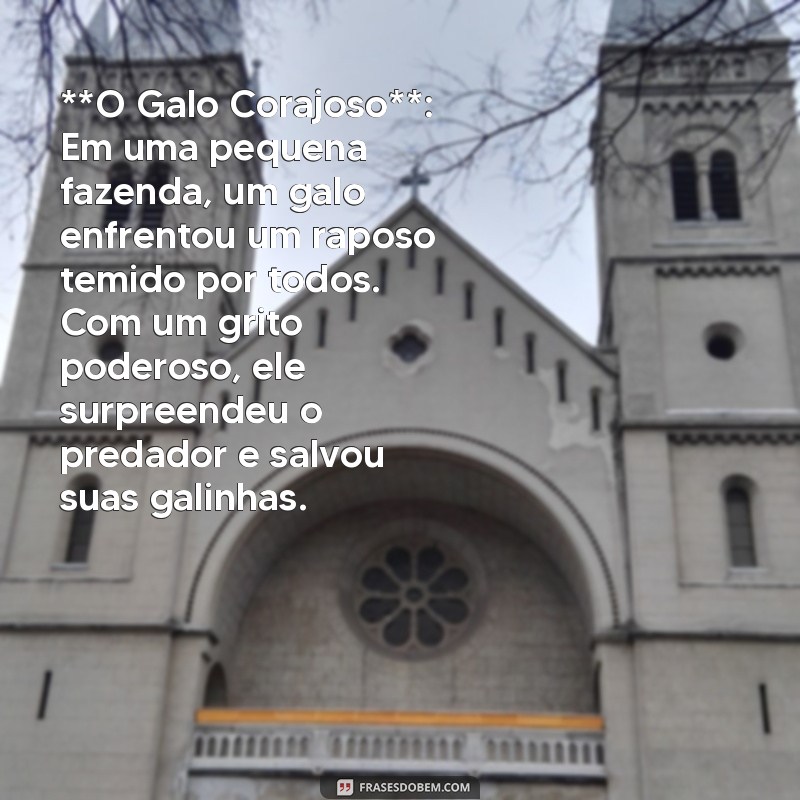 historia do galo **O Galo Corajoso**: Em uma pequena fazenda, um galo enfrentou um raposo temido por todos. Com um grito poderoso, ele surpreendeu o predador e salvou suas galinhas.