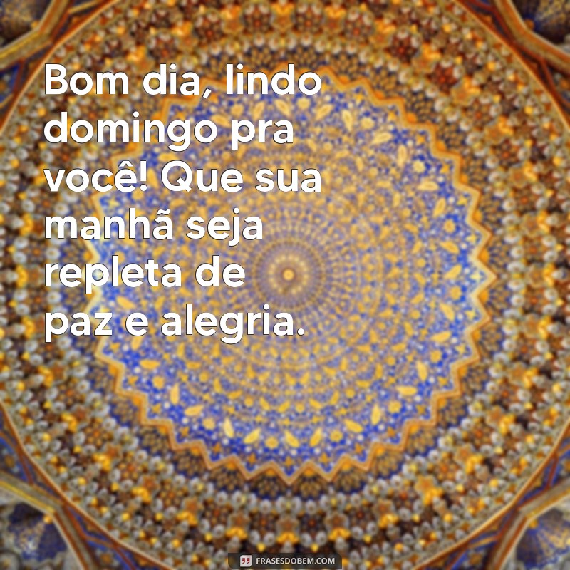 bom dia lindo domingo pra você Bom dia, lindo domingo pra você! Que sua manhã seja repleta de paz e alegria.