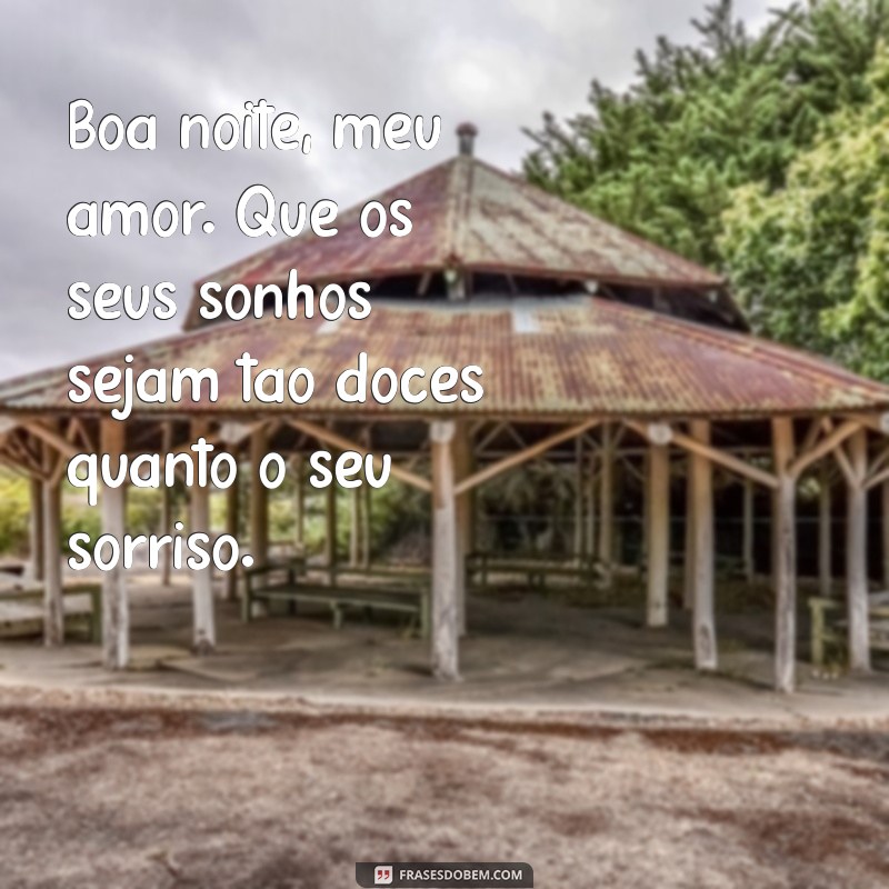 frases de boa noite pro meu amor Boa noite, meu amor. Que os seus sonhos sejam tão doces quanto o seu sorriso.