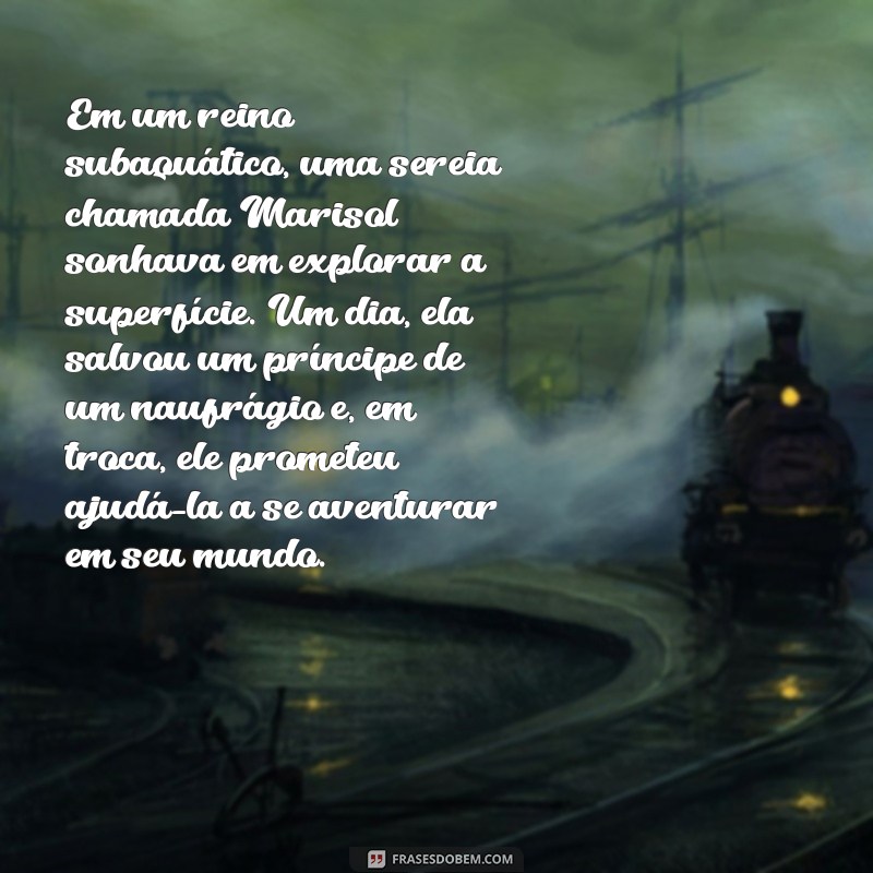 história de sereia Em um reino subaquático, uma sereia chamada Marisol sonhava em explorar a superfície. Um dia, ela salvou um príncipe de um naufrágio e, em troca, ele prometeu ajudá-la a se aventurar em seu mundo.