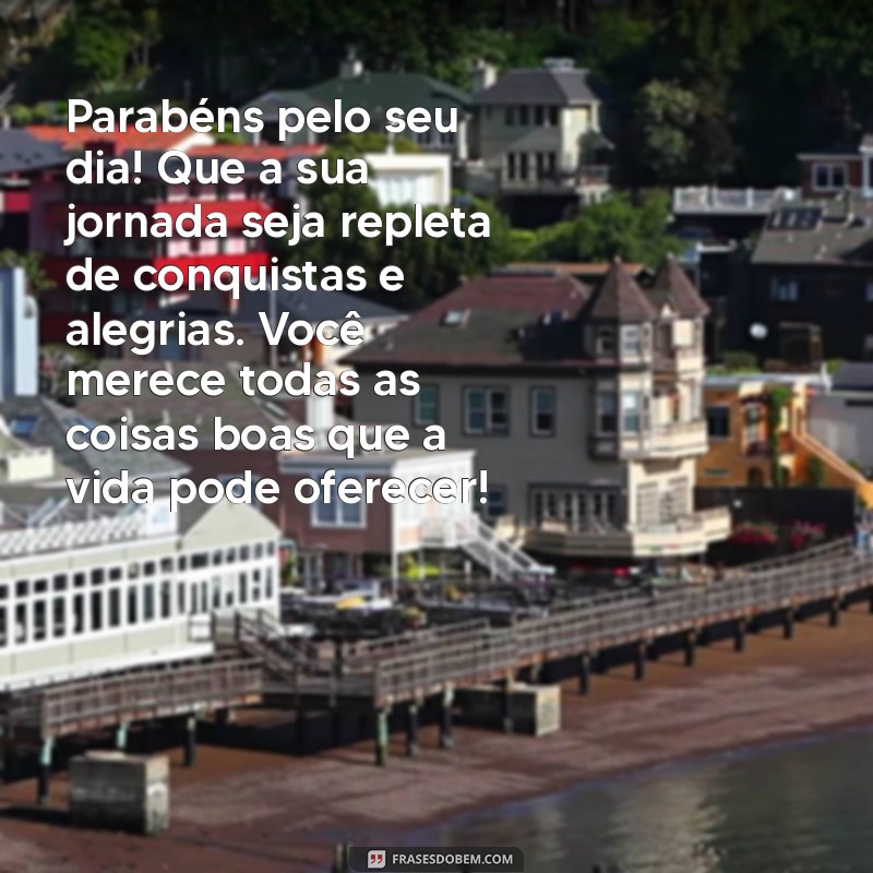 homenagem de aniversário para homem Parabéns pelo seu dia! Que a sua jornada seja repleta de conquistas e alegrias. Você merece todas as coisas boas que a vida pode oferecer!