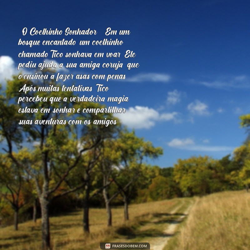 histórias infantis **O Coelhinho Sonhador**: Em um bosque encantado, um coelhinho chamado Tico sonhava em voar. Ele pediu ajuda a sua amiga coruja, que o ensinou a fazer asas com penas. Após muitas tentativas, Tico percebeu que a verdadeira magia estava em sonhar e compartilhar suas aventuras com os amigos.