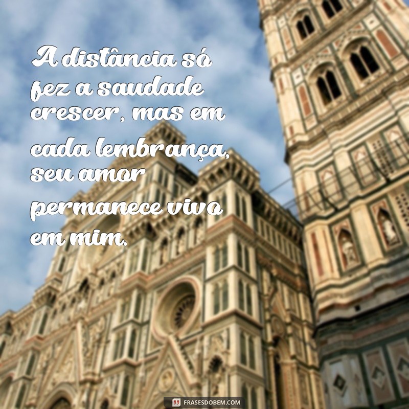 mensagem de saudade de um amor A distância só fez a saudade crescer, mas em cada lembrança, seu amor permanece vivo em mim.