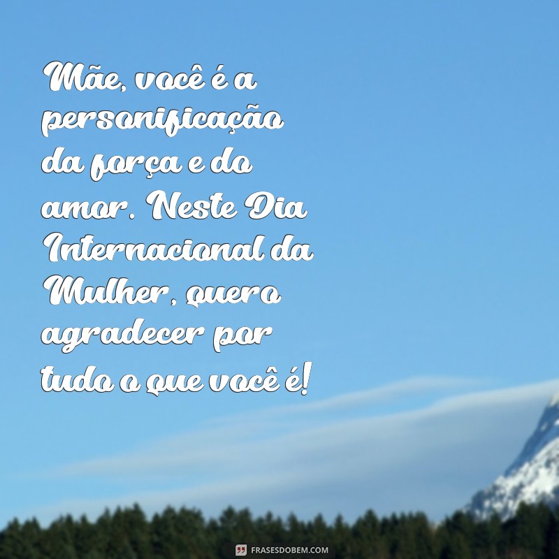 mensagem do dia da mulher para minha mãe Mãe, você é a personificação da força e do amor. Neste Dia Internacional da Mulher, quero agradecer por tudo o que você é!