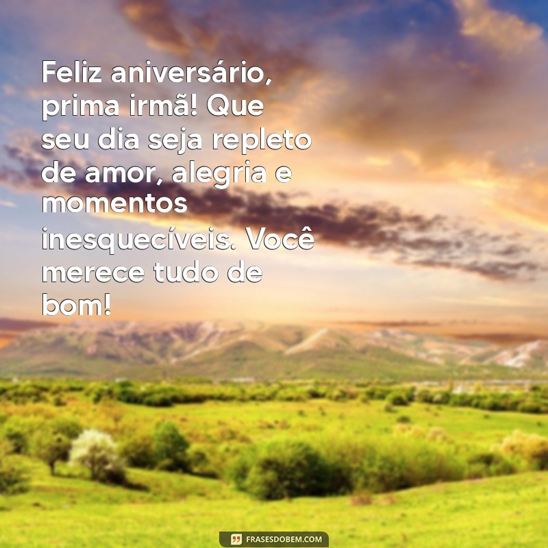 mensagem de aniversario para prima irmã Feliz aniversário, prima irmã! Que seu dia seja repleto de amor, alegria e momentos inesquecíveis. Você merece tudo de bom!