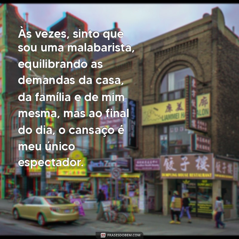 desabafo de mãe e esposa Às vezes, sinto que sou uma malabarista, equilibrando as demandas da casa, da família e de mim mesma, mas ao final do dia, o cansaço é meu único espectador.