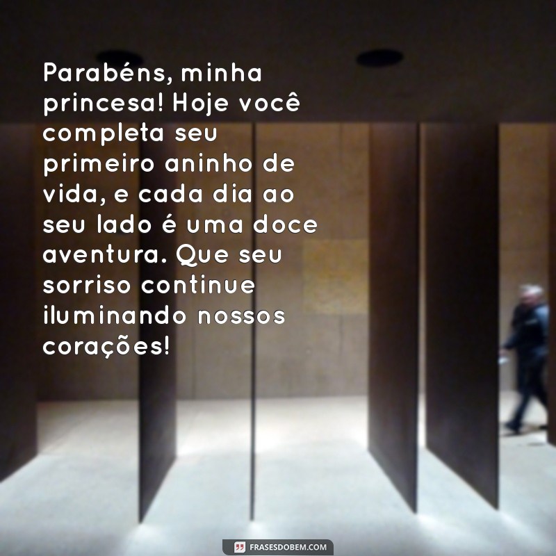 parabéns 1 aninho princesa texto Parabéns, minha princesa! Hoje você completa seu primeiro aninho de vida, e cada dia ao seu lado é uma doce aventura. Que seu sorriso continue iluminando nossos corações!