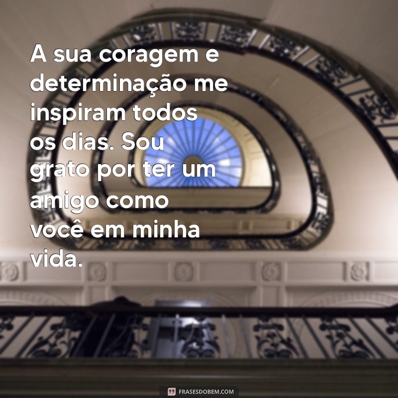 texto de admiração por um amigo A sua coragem e determinação me inspiram todos os dias. Sou grato por ter um amigo como você em minha vida.